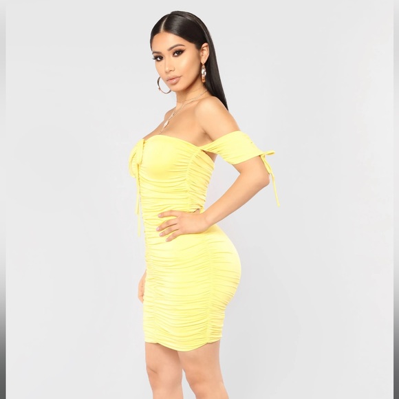 Yellow Ruched Bardot Mini Dress with off shoulder Sleeves - Picture 3 of 5